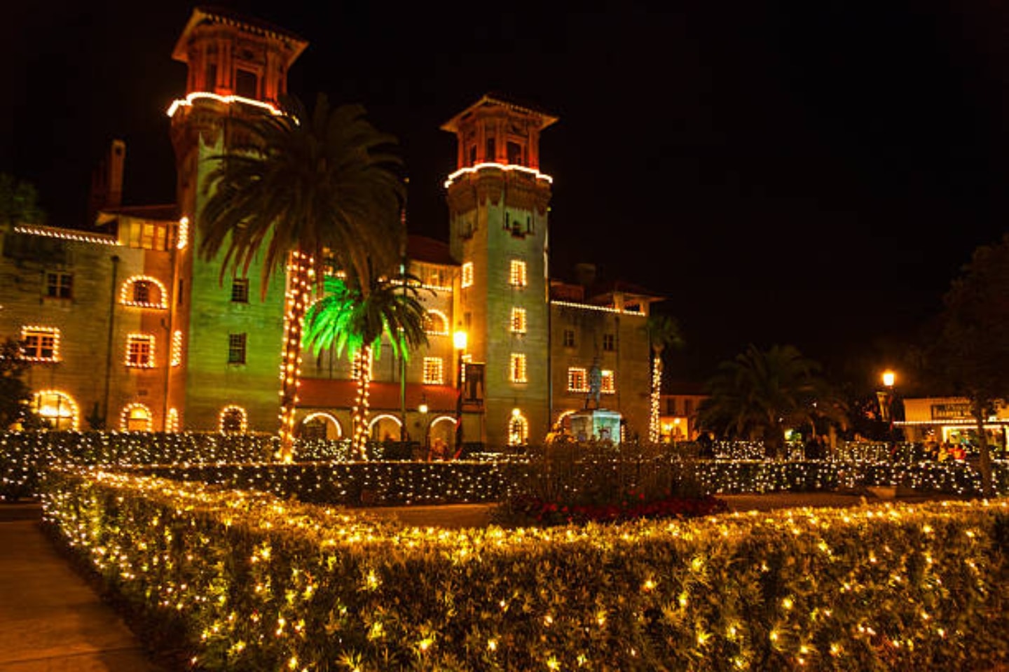 Holiday light display with illuminated reindeer in St. Augustine