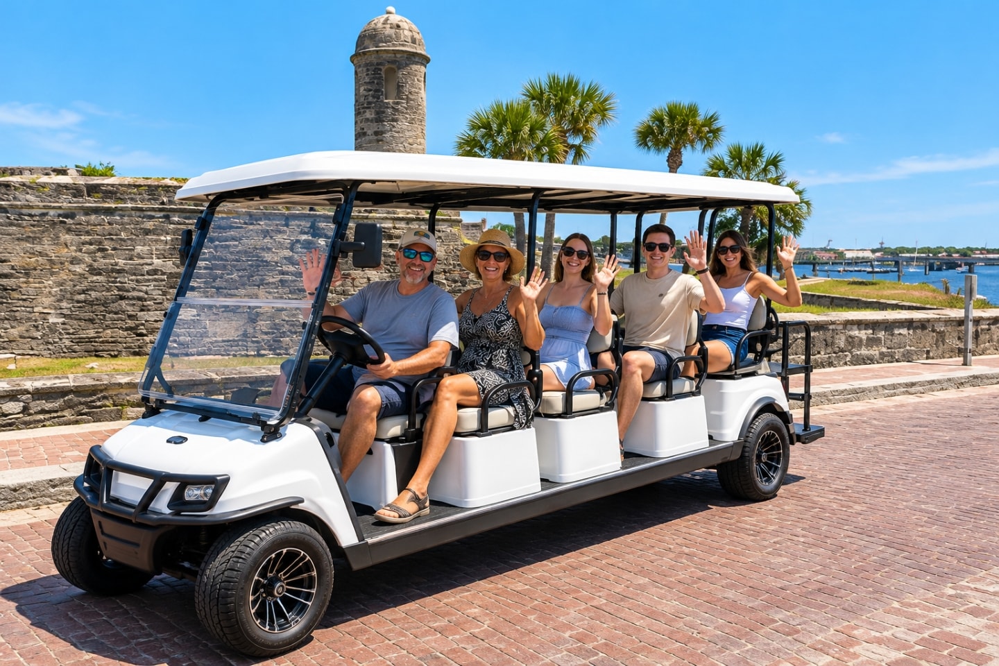 Group of visitors enjoying a golf cart ride near the historic Castillo de San Marcos in St. Augustine